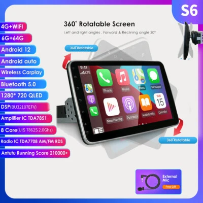 6+64GB 10.1" Android 13 Rotatable 1 Din Car Stereo Radio Carplay GPS MP5 Wifi BT - Image 1 of 4