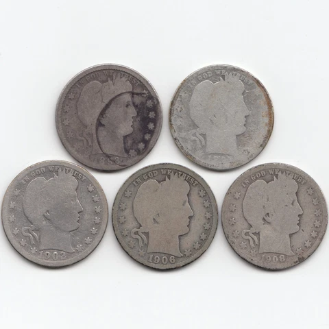 1893 O, 1897 O, 1902 O, 1906 O, & 1908 O Barber Quarters, Poor, AG, AG-G, issues Cover