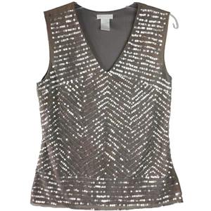 Worthington Womens Size M Sleeveless Brown Blouse Silver Tone Sequins Pull Over - Picture 1 of 12