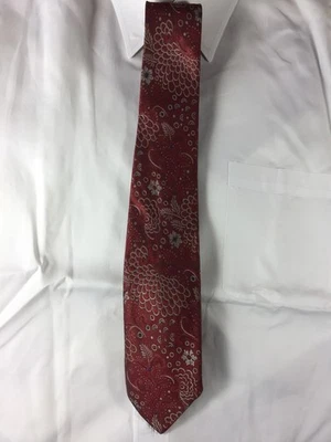  VINTAGE TINO COSMA GRAVATA FINA MASCULINA SEDA ITALIANA VERMELHO ESCURO PRATA PADRÃO FLORAL - Imagem 1 de 2