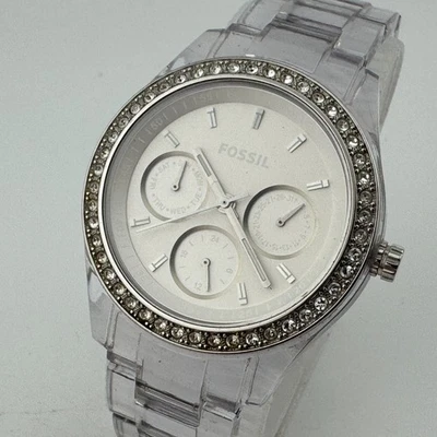 Reloj Cuarzo Fossil Mujer 50m Plástico Transparente Día Fecha Estrás Batería Nueva 6.5" Foto 1 de 4