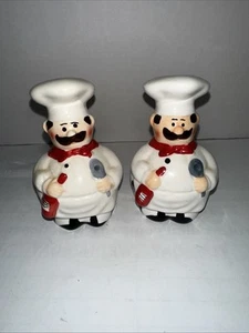 VTG Salt Pepper Shaker 3.5" Mustache Chef Holding Wine Bread - Picture 1 of 4