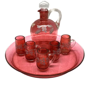 Ancien SERVICE à liqueur cristal émaillé plateau carafe 5 verres - Foto 1 di 5