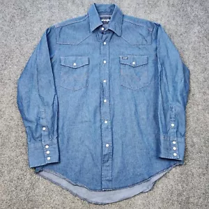 VTG Wrangler Shirt Mens 16x34 Blue Denim Twill Pearl Snap Western Rancher Cowboy - Picture 1 of 8