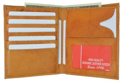 Cartera europea de cuero tostado hipster de cuero de vaca alta doble pliegue para hombre 7 tarjetas Foto 1 de 4