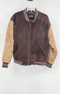 Vintage Men's Basic Editions Brown Color Block Leather Jacket Retro Bomber - M - Picture 1 of 12
