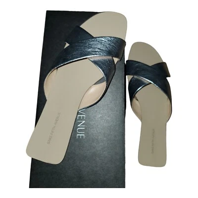 Saks Fifth Avenue Anne Slides Size 9.5 M Silver Leather Crossover Flats Sandals - Image 1 of 4