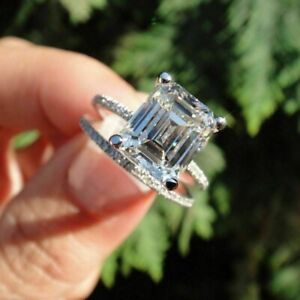 4.50Ct Lab-Created Emerald Cut Diamond Engagement Set Ring 14K White Gold Plated