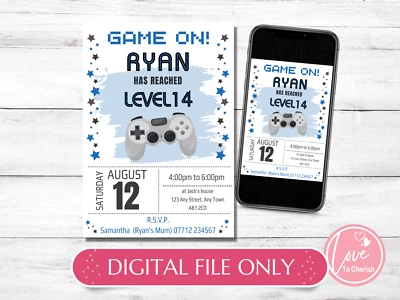 DIGITAL Video Game PERSONALISED Invites - Boys Gamer Gaming Birthday Party - Image 1 of 4