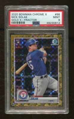 Nick Solak 2020 Bowman Chrome #98 Gold X-Fractor 1/3 Rangers PSA 9 Mint - Image 1 of 2