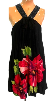 Womens Nolita Black Floral Applique Beaded Swing Trapeze Dress Large NEW Y2K - image 1 of 4