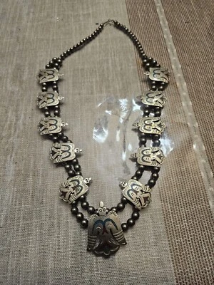 Vintage Silver-Plate Turquoise Red Coral Peyote Bird Squash Blossom Necklace P8 - Image 1 of 4