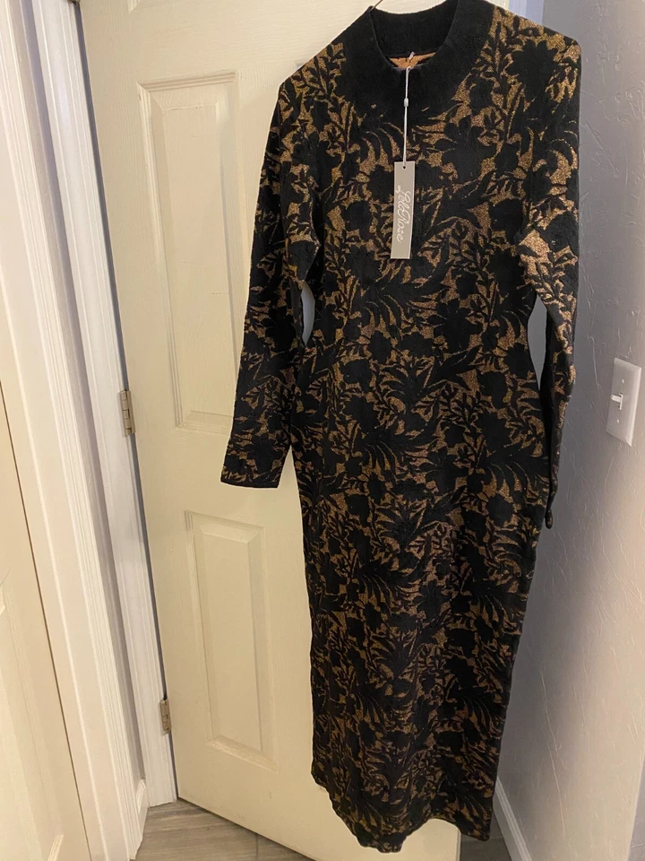 $1390 Nuevo Vestido Lela Rosa Floral Jacquard Tejido Cuello Simulado MIDI Negro Manga Larga L Foto 1 de 2