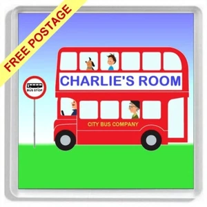 Personalised RED DOUBLE DECKER BUS Childrens Bedroom Door Sign / Door Plaque - Picture 1 of 4