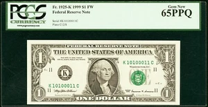 Fancy True Binary 10100011 Fr. 1925-K 1999 $1 Dallas PCGS 65 PPQ - Picture 1 of 2