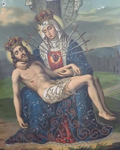 Large Antique Votive Spanish Folk Art Relic Church Print Madonna of Seven Swords - Picture 1 of 10