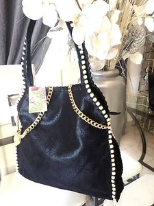 SUBLIME SAC A MAIN FEMME EN COTTON MELER DE PERLE SATINE NOIR CHAINETTE OR - Bild 1 von 5
