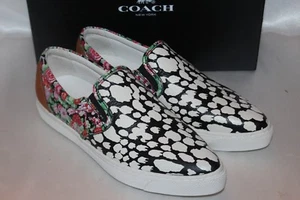 NEW NIB COACH Soft Grain Black Ivory Pink Floral Graphic Leather Loafer 7.5 $295 - Picture 1 of 11