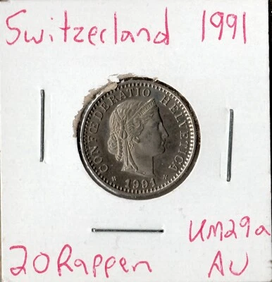 Монета Швейцария 20 раппен 1991 KM29a - Изображение 1 из 2