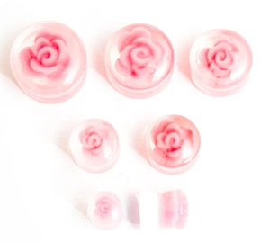 Clear solid acrylic plug tunnel with pretty pink rose flower Flared 8mm-20mm   - Picture 1 of 2