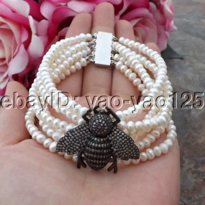 Pulseira de abelha 6 fios 8" pérola branca cultivada CZ pavê - Imagem 1 de 4