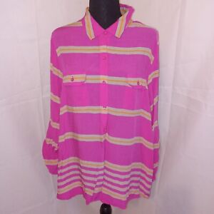 Old Navy Women's Top Size XL Pink Multi Striped Long Roll Tab Sleeves Pockets
