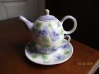 Andrea by Sadek Purple Pansies Teapot, Cup & Saucer for One