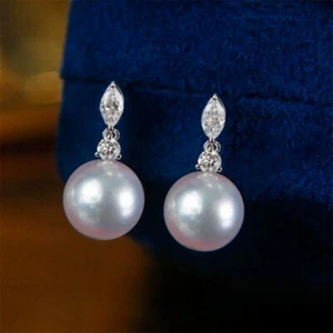 Elegant Natural Akoya 7-10mm Pearl 18K Gold Diamond Stud Earrings - Picture 1 of 7