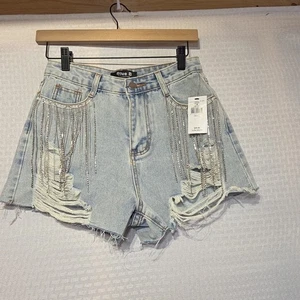 Pantaloncini denim blu B piccoli lavaggio chiaro strass frange festival nuovi con etichetta - Foto 1 di 10