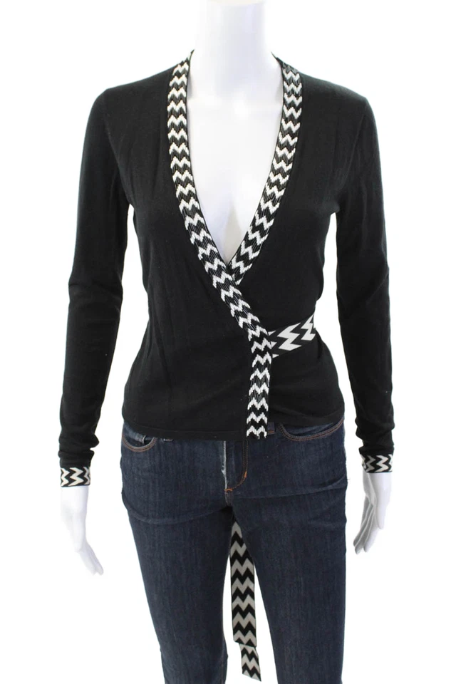 Suéter envolvente Diane Von Furstenberg para mujer Chevron con cuentas negro blanco pequeño Foto 1 de 4