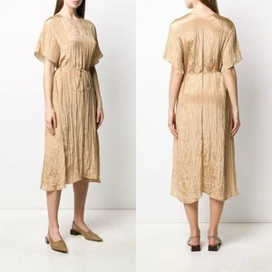 NWT Vince Sun Khaki Textured Short Sleeve Midi Dress Sz Medium V-Neck Tie Waist - Picture 1 of 13