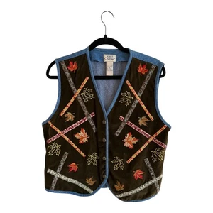 VTG Koret City Blues Fall Leaves Vest Size M Thanksgiving Autumn Blue Jean Vest - Picture 1 of 3