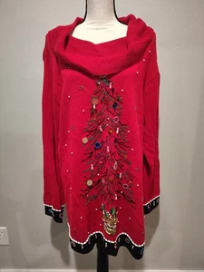 Vintage Victoria Jones Damen Pullover rot XL Perlen Weihnachtsbaum Wasserfallausschnitt - Bild 1 von 10