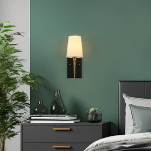 Black Gold Sconce, Modern Sconces Wall Lighting with Fabric Shade for Bathroo... - Picture 1 of 8