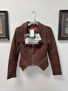 NEW Guess Women's Size Small Biker Jacket Brown Faux Leather Zip Long Sleeve - Picture 1 of 6