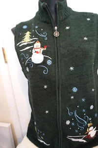 Ugly CHRISTMAS Sweater Breckenridge Dark Green with Snowmen Size S Sleeveless - Picture 1 of 8