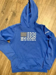 Youth Large Columbia PFG Blue Hoodie Pullover Jacket American Flag Fish Sweater - Picture 1 of 5
