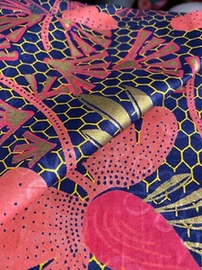 1 Yards 21” Fabric 100% Cotton Pink Cone Flower Blue Honeycomb Gold Leafs - Picture 1 of 5