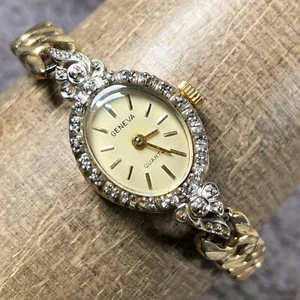 Vintage Geneva Women Diamond Bezel Gold Expansion Band Oval Quartz 17mm Watch 6" - Picture 1 of 12