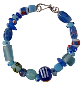 Armband, blaue Themenlampe Arbeit & recycelte Glasperlen, Sterling Verschluss, 7 Zoll - Bild 1 von 1