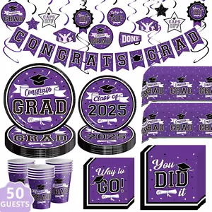 Purple Graduation Decorations Class of 2025, Grad Party Supplies for 50 Guests, - Picture 1 of 12