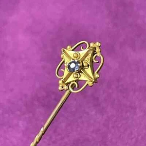 ANTIQUE 15ct GOLD ART DECO LAPEL STICK PIN / TIE PIN STAR SHAPE CENTRE SAPPHIRE - Picture 1 of 9