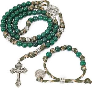 Stone Beads St. Michael Rosary Set Paracod Bracelet St. Benedict Medal Handmade