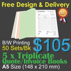 5 x A5 Customised Printed Triplicate QUOTE / Tax INVOICE Books +Free Design&Post - Picture 1 of 1