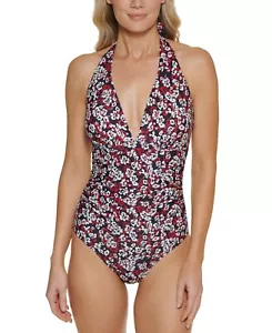 Tommy Hilfiger Women's Printed Tummy-Control One-Piece Swimsuit - Red Floral 16 - Picture 1 of 4