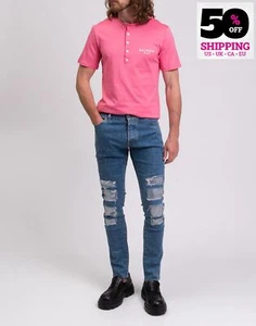 RRP€1810 BALMAIN Jeans W31 Rhinestones Distressed Faded Slim Fit Made in Italy - Picture 1 of 8