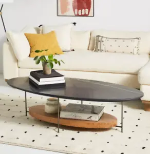 Anthropologie Bryant Coffee Table oak and black marble oval - Picture 1 of 7