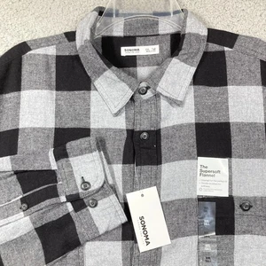 Sonoma Flannel Shirt Men's XXL Tall Gray Black Buffalo Plaid Double Brushed Soft - Picture 1 of 10