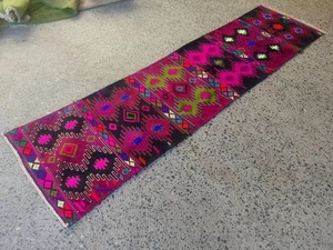 Vintage Turkish Kilim Rug 2.6 x 10 ft Handwoven Wool Tribal Carpet in Pink Tones - Picture 1 of 13