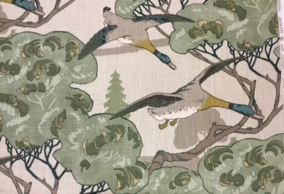 Mulberry Fabric ‘Flying Ducks’ Green Emerald 100% Linen 1m - Image 1 of 4